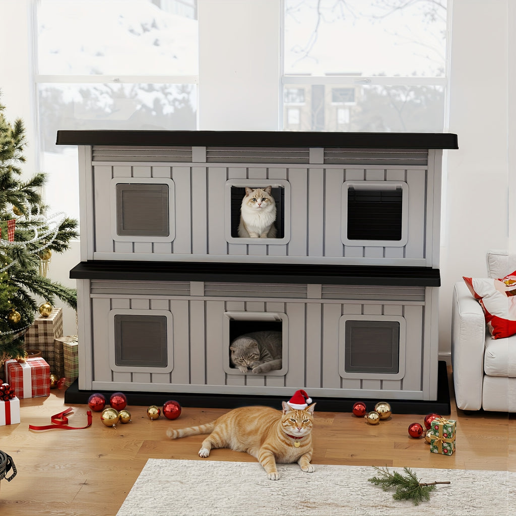 Double-Layer Stray Cat House - 2-Story Outdoor/ Cat Shelter with Large Cozy Space, Multiple Small Windows for Ventilation, Easy Assembly Solid Structure, Gray-Black for stray & feral cats (No Required)