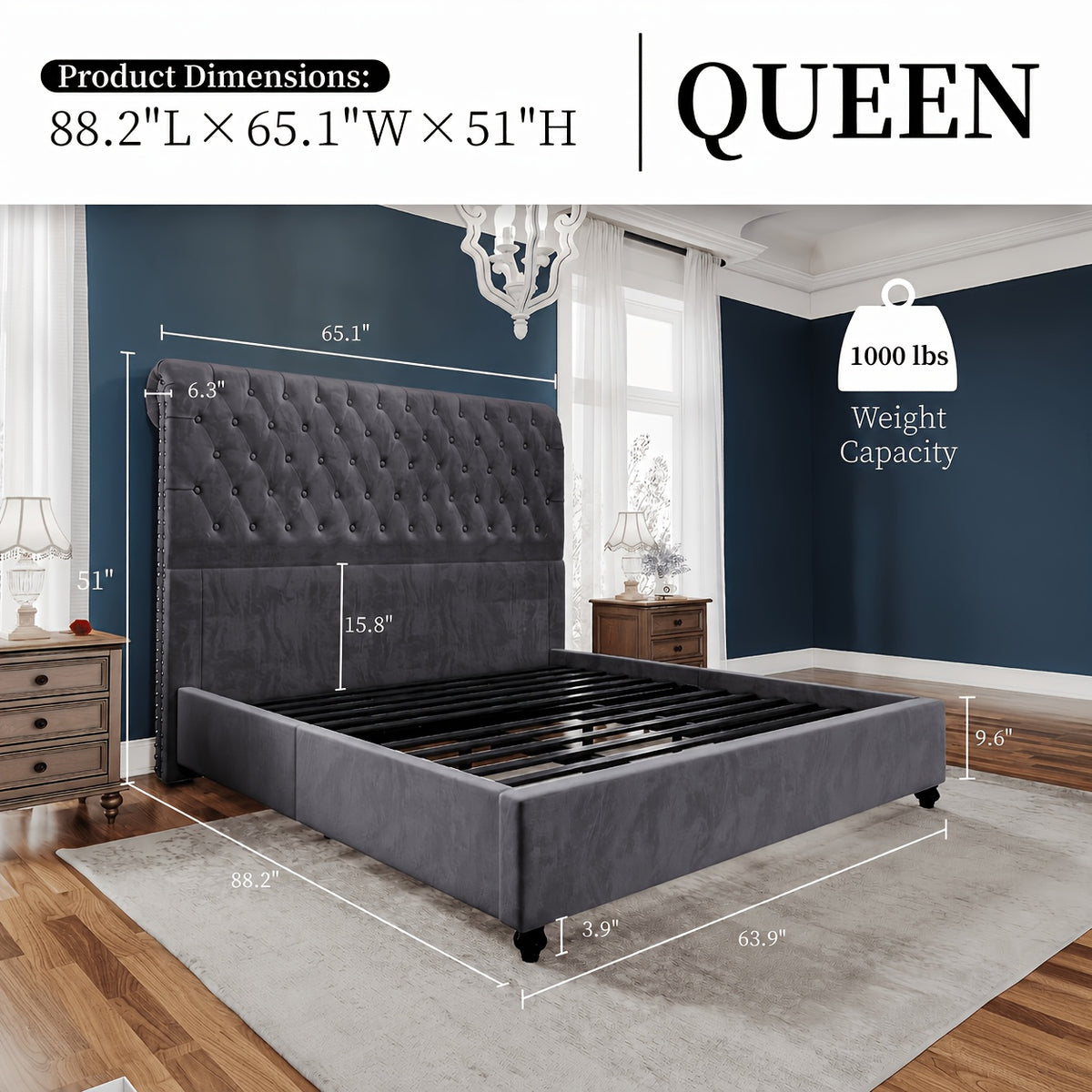 Papajet Upholstered Sleigh Platform Bed Frame with Diamond Button Tufted Headboard