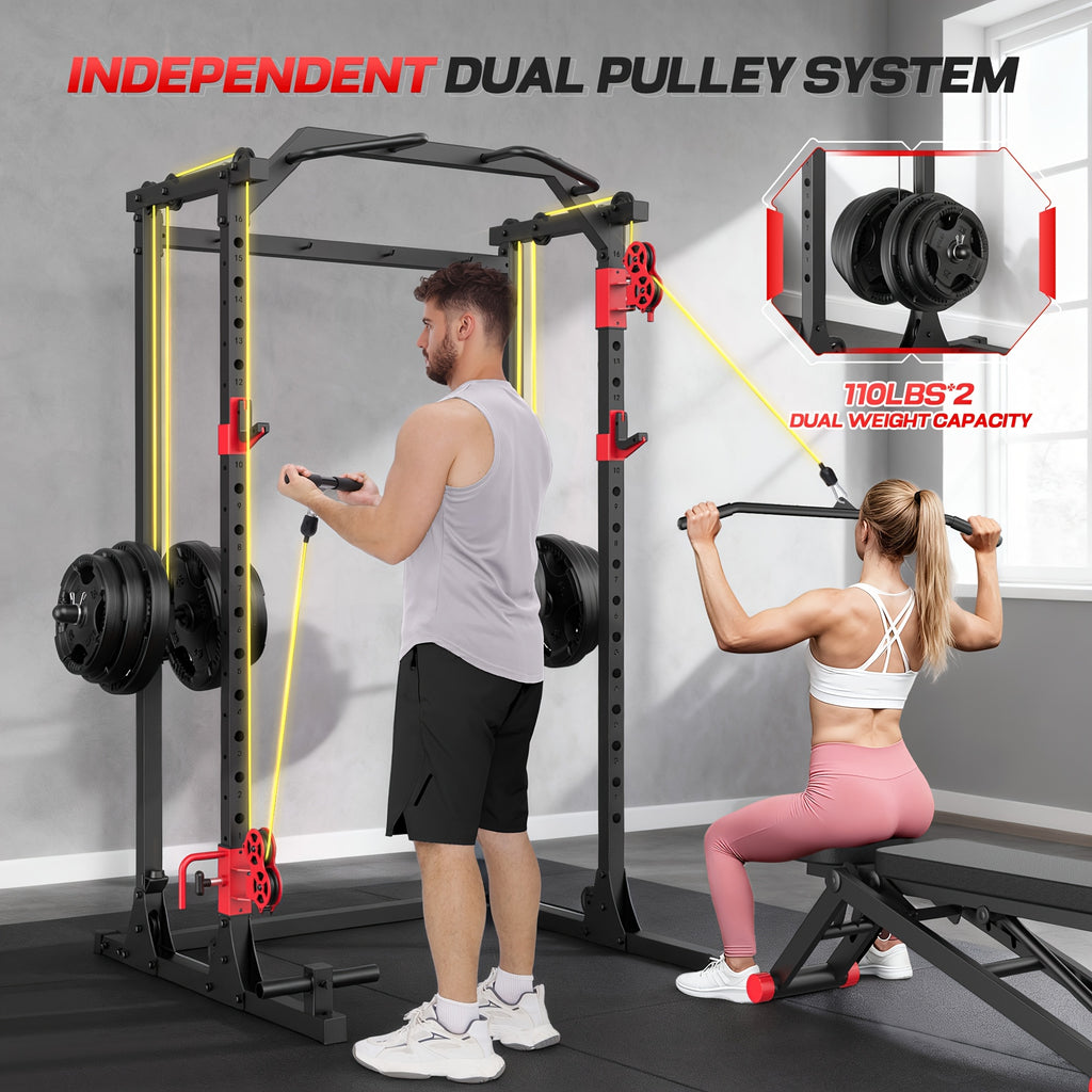 Power Cage, Multi-Functional Power Racks for Home Gym with Dual Pulley Systems, 2000 LBS Weight Capacity Fitness Squat Rack for Strength Workout with More Training Attachment Optional Weight Bench Weight Plates and Barbells Not Included