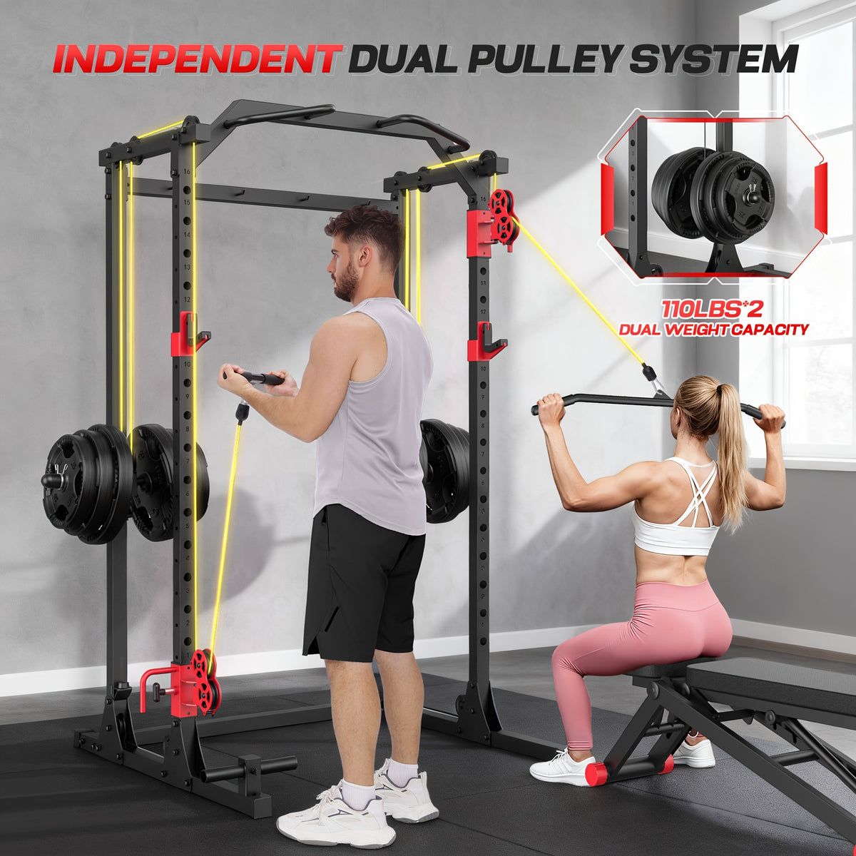 Power Cage, Multi-Functional Power Racks for Home Gym with Dual Pulley Systems, 2000 LBS Weight Capacity Fitness Squat Rack for Strength Workout with More Training Attachment Optional Weight Bench Weight Plates and Barbells Not Included