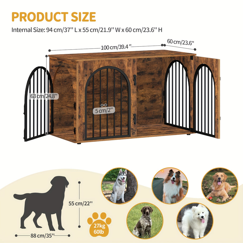 39.4'' Dog Crate Furniture - Dog Kennel Indoor Arched Door Design, Wooden Dog Crate Furniture For Small/Medium/Large Dog, Side Table, TV Stand, Anti-Chew, Anti-Escape - Rustic Brown, Black Gold, Greige Black, White Brown - For Dog Owners - Provides Safe &