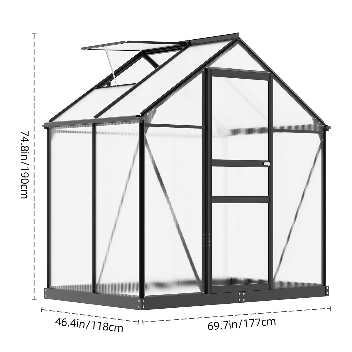 Walk-In Greenhouse with Roof Ventilation, 6 x 4 ft Polycarbonate Garden Structure on an Aluminum Frame