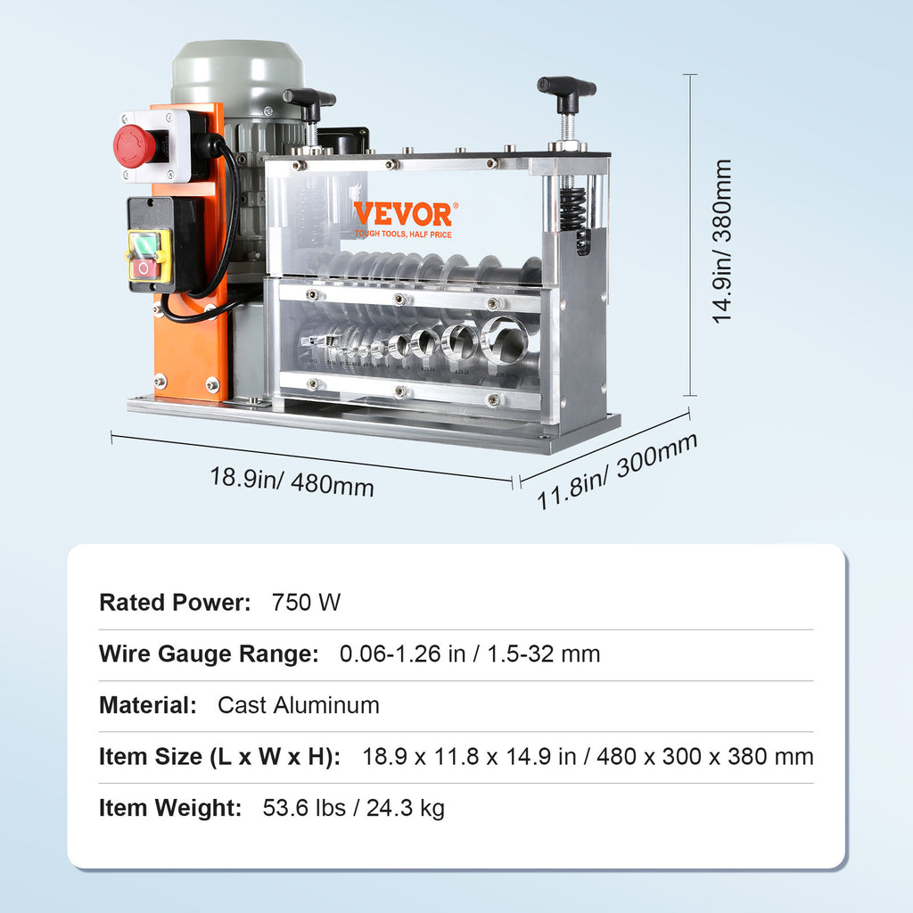 VEVOR Electric Wire Stripping Machine, 0.06''-1.26'' Automatic Wire Stripper Machine, 750 W, 98 ft/min Wire Stripper with Visible Stripping Depth Reference, 10 Channels Electric Wire Stripper