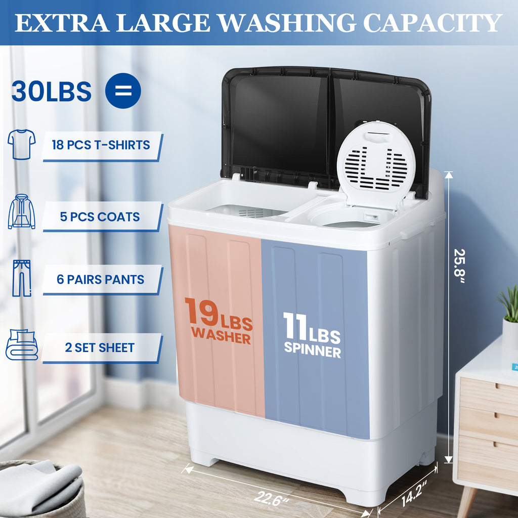 30lbs Portable Washer, Twin Tub Washer and Dryer Combo Laundry Washing Machine, Semi-Auto Washer Machine with Wash & Dehydration, 19Lbs Washer 11Lbs Spinner Laundry Appliances for Home, Apartment, Dorms, RV, Ship Cabins, Offices, Bathroom, Balcony