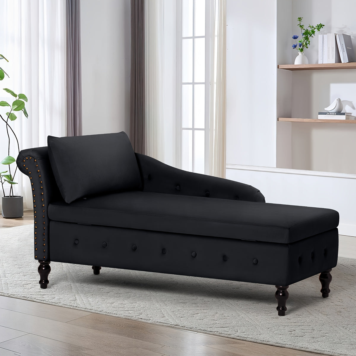 ACMEASE Classic Nailhead Trim Velvet Storage Chaise Lounge 57", Upholstered Chaise Sofa With Pillow & Turned Wood Legs For Living Room Decor