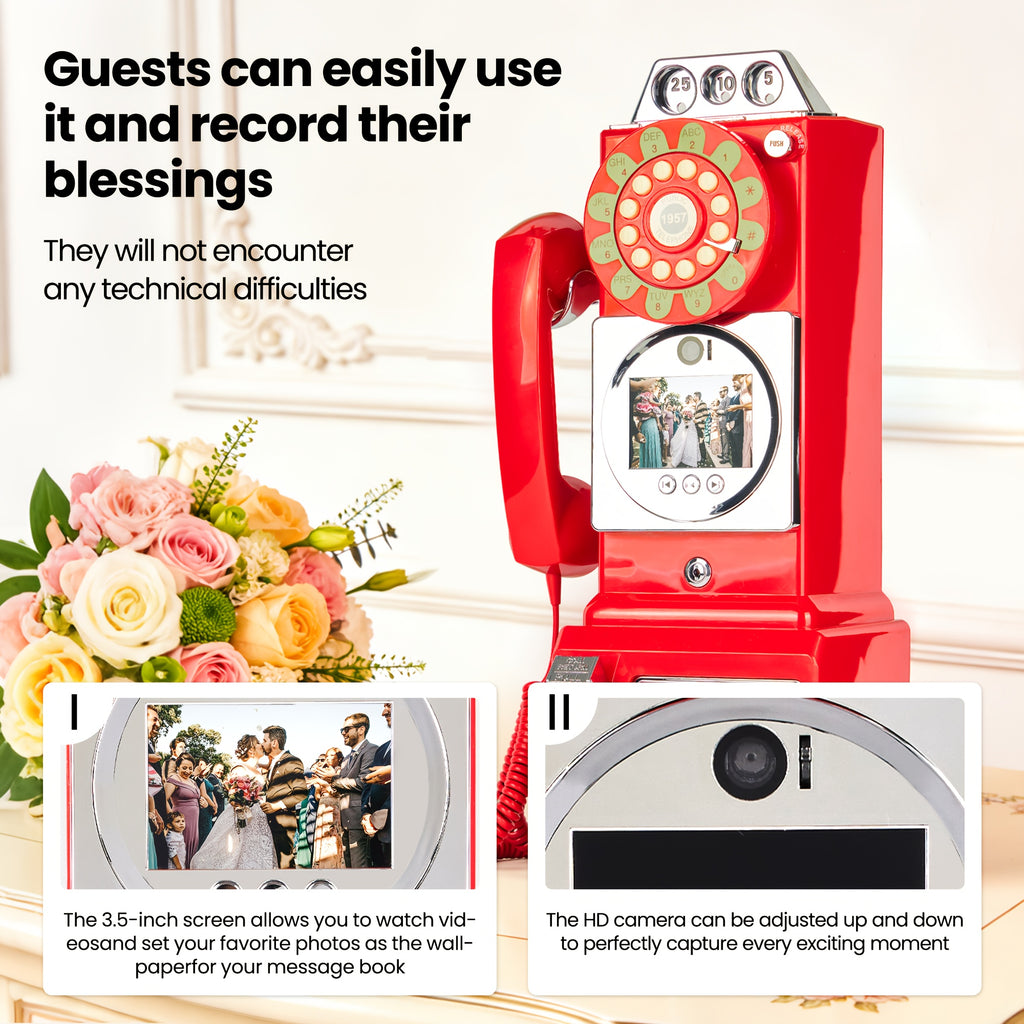 FiayaCom Video Guestbook Retro Phone, Audio Wedding Phone, with A Messaging Feature, Record Preserve Your Special Occasions, for Wedding, Bridal Shower, Baby Shower, Birthday, Graduations, Anniversary
