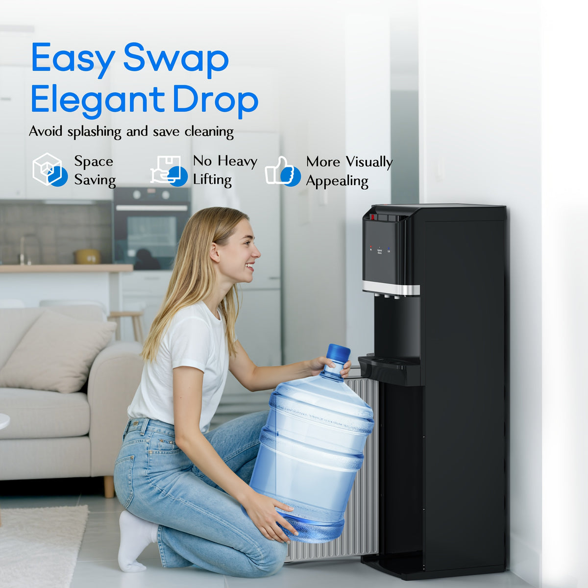 GUNJI 110V Bottom-Mounted Water Cooler Dispenser for 5-Gallon Bottles, with Hot, Cold, and Room Temperature Indicator Lights, Designed Specifically for Homes, Apartments, and Offices