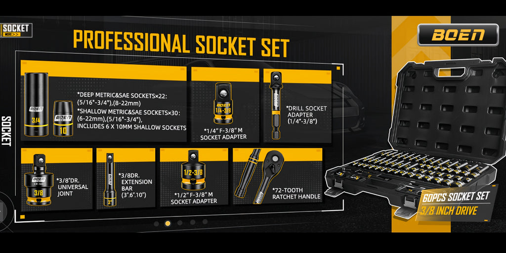 [60pcs Socket Set] BOEN 60pcs 3/8" Drive Impact Socket Set, 6-Point Sockets, Metric 6-22Mm & SAE 5/16"-3/4", Shallow & Deep Sockets, Ratchet Wrench Included, 7pcs 10Mm Sockets with Yellow Embossed Marking for Automotive Repair