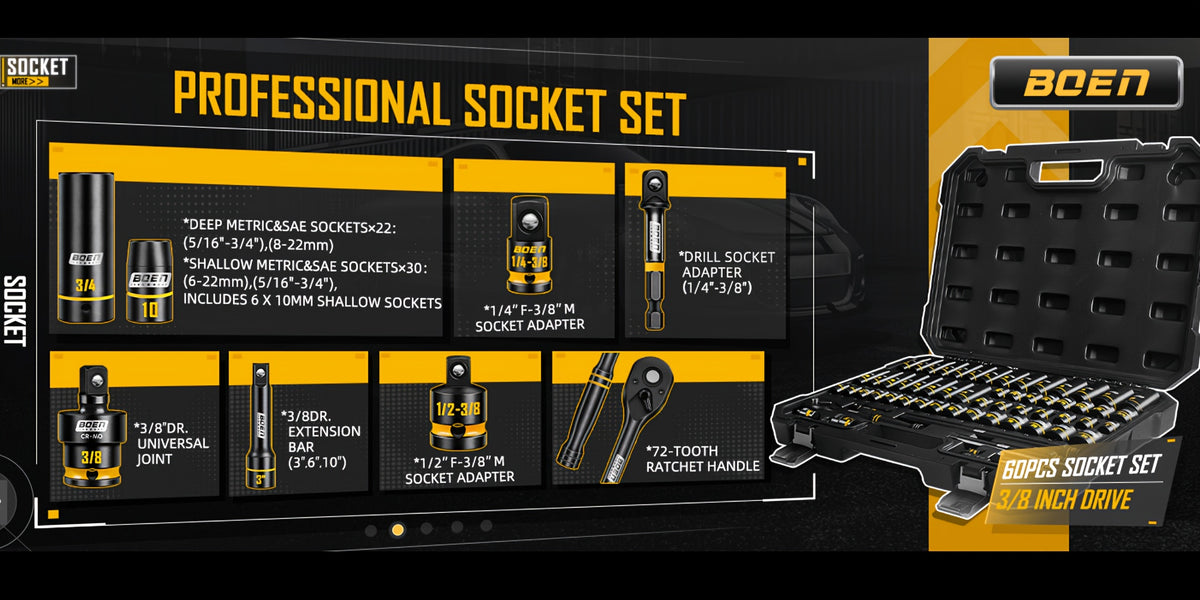 [60pcs Socket Set] BOEN 60pcs 3/8" Drive Impact Socket Set, 6-Point Sockets, Metric 6-22Mm & SAE 5/16"-3/4", Shallow & Deep Sockets, Ratchet Wrench Included, 7pcs 10Mm Sockets with Yellow Embossed Marking for Automotive Repair