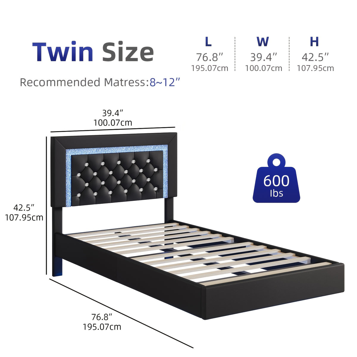 Twin Full Queen King Size Floating Black/White/Pink Bed Frame with LED Lights, Platform Bed with Diamond Tufted Headboard, Wood Bed Frame, Bed Frame Queen Size No Box Spring Needed, Noise Free, Easy Assembly, Black/White/Pink