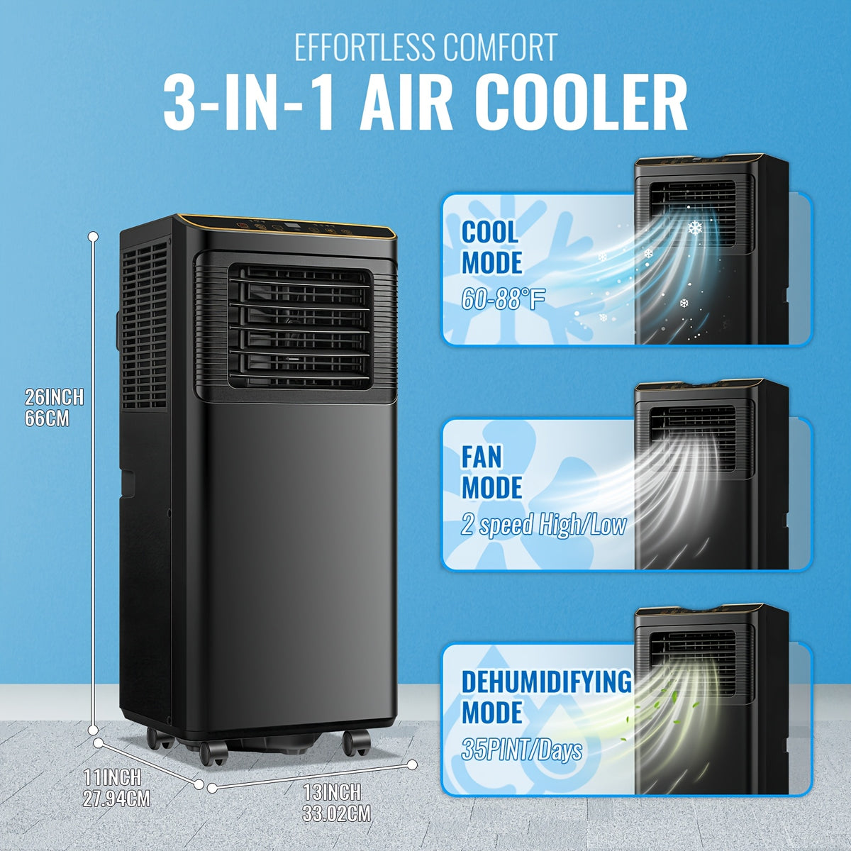 8000 BTU ASHRAE(4400 BTU SACC) Portable Air Conditioner With Remote Control, 3-in-1 Freestanding AC Unit, Cool Rooms Up To 250 Sq Ft