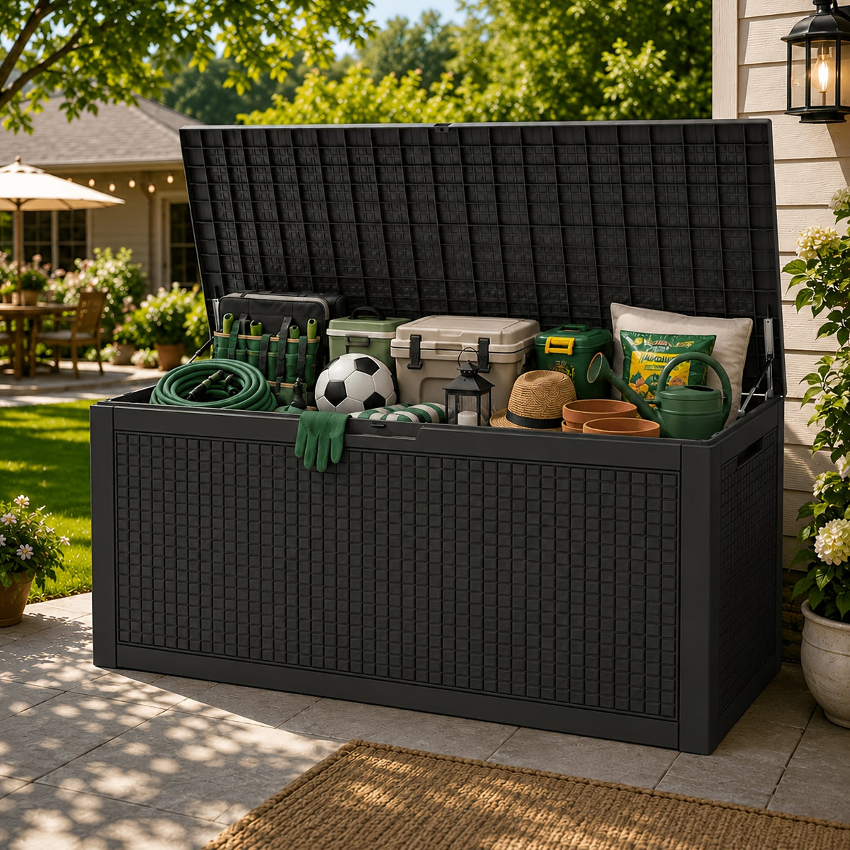 Outdoor Deck Box, 120-Gallon Lockable Resin Storage Chest with Rattan Look for Patio and Pool Supplies