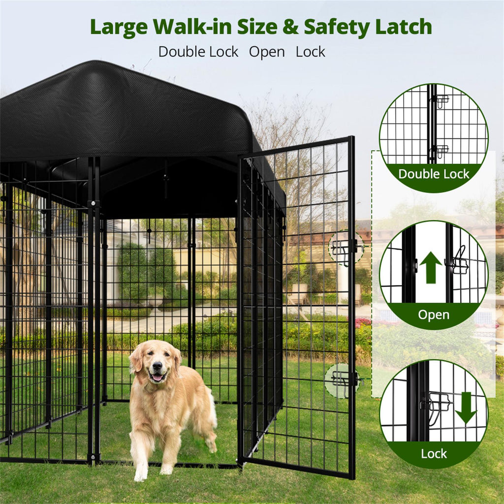 98"L x 49"W x 71"H Dog Kennel Outdoor with Waterproof Roof, 8x6x4ft Large Outdoor Kennel with Rotating Feeding Door, Bowls, Dog Cage for Outside Dog House Enclosure for Dogs, Cat, Rabbit