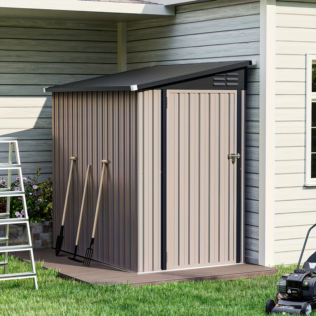 6' X 4' Metal Lean-to Storage Shed, Outdoor Side Storage Cabinet for Patio, Garden, And Lawn (Brown)