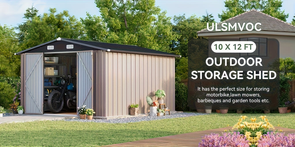 12x20x9.3/12x14/6x4ft Metal Storage Shed - Outdoor Garden Shed Kit, Lockable Tool Shed, Backyard Shed with Double Hinged Doors, 4 Windows, Carport for Car, Truck, Bike and Lawn Mower & Equipment, Brown