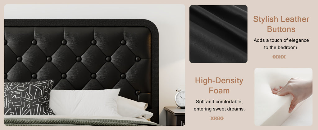 Sturdy Platform Bed Frame Featuring a Button-Tufted Headboard in Black Faux Leather Or Dark Grey Linen, Offering 12 Inches of Storage Space