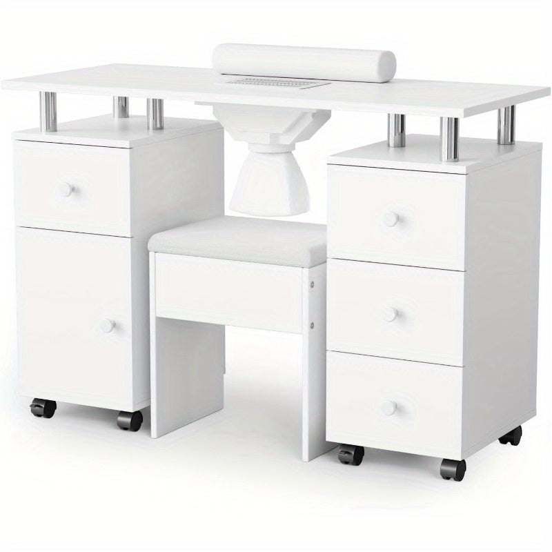 Professional Nail Desk and Chair Set with Stool - Heavy-Duty Mobile Manicure Station w/Dust Collector, Acetone-Resistant Desktop, 4-Wheel Rolling Cart & Storage Drawers - Heavy-Duty Nail Tech Table for Salon, Home, or Spa - (White/Black/Lavender/Mint Gree