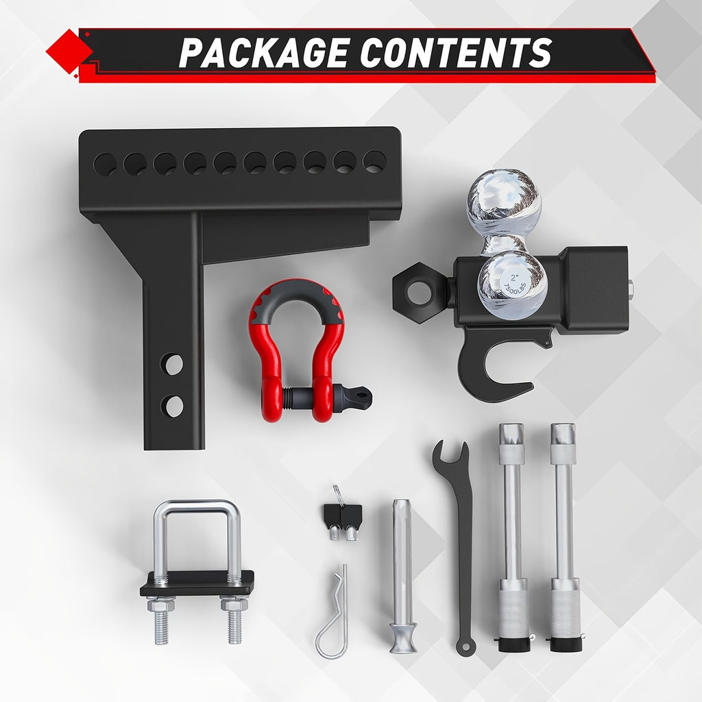 Adjustable Heavy-Duty Trailer Hitch Tri-Ball Mount: Fits 2" Receiver, 4-1/2" Rise/Drop, Includes 1-7/8" & 2" & 2-5/16" Balls, With Tow Hook & Swivel Shackle, Secure Hitch With Locks & Pin