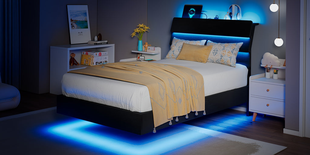 Valnase Floating Bed Frame with LED Lights & Charging Station, Platform Bed with Wooden Storage Headboard, Steel Slats Support, Easy Assembly