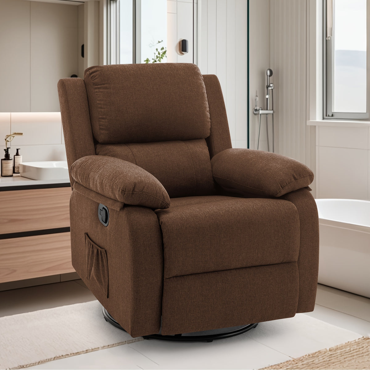 Recliner Chair, 360-Degree Swivel Rocking Chair for Adults, Small Space Rocking Recliner, Upholstered Fabric Recliner with Side Pockets for Living Room, Mother'S Day Gifts, Father'S Day Gifts, Gifts for The Elderly