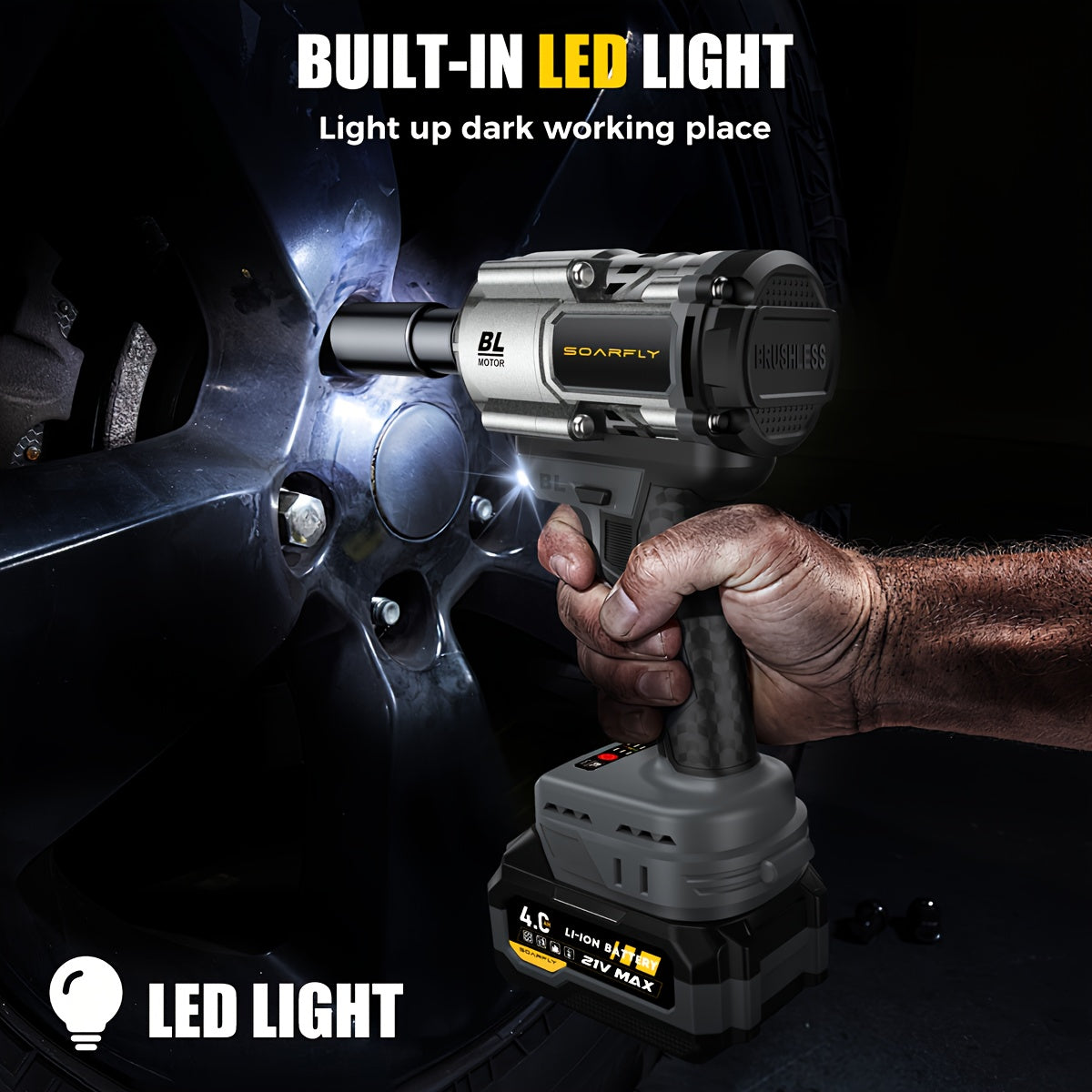 Wireless Impact Wrench, 1300 Nm High-Torque Powerful Wrench 1/2 Impact Gun, 2 4.0Ah Batteries with 21V Max Fast Charging, 5 Sockets, Suitable for Semi-Trailer Tires, Heavy Machinery, Steel Structures