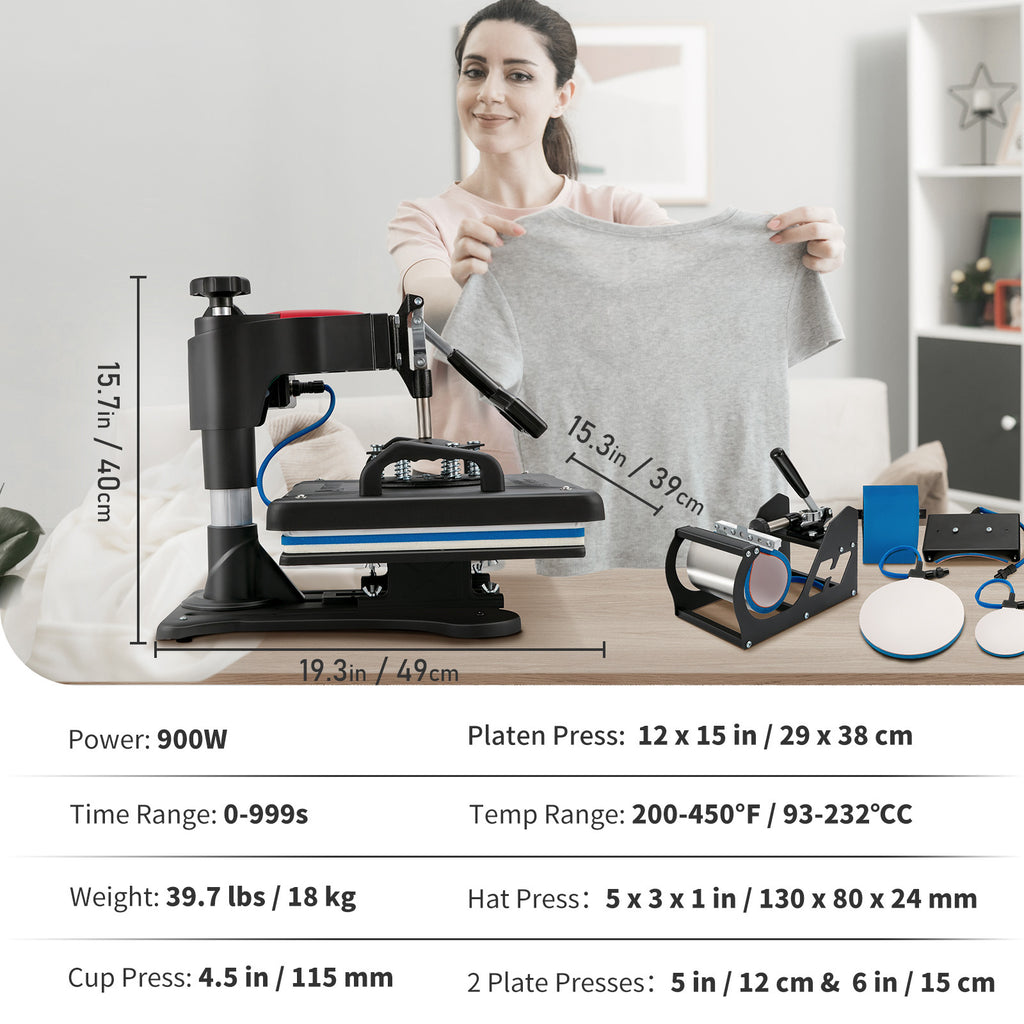 VEVOR Heat Press, 5 in 1 Heat Press 12x15 Machine Machine, Digital Precise Temperature Control, Clamshell Sublimation Transfer Printer Fast Heat-up, Vinyl Heat Press for Mug Cup T-Shirt Plate, 900W
