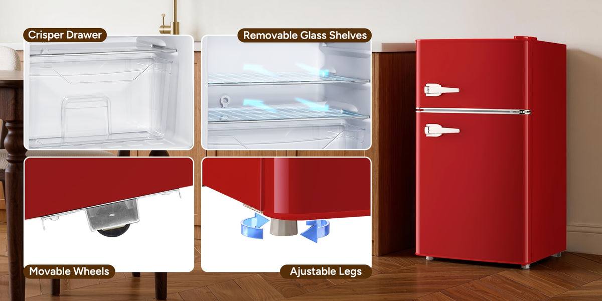 Retro Mini Fridge With Freezer 3.8 Cu. Ft, Small Refrigerator With 7 Level Adjustable Thermostat, Compact Classic Dual Door Fridge Removable Glass Shelves For Apartments, Dorm, Office