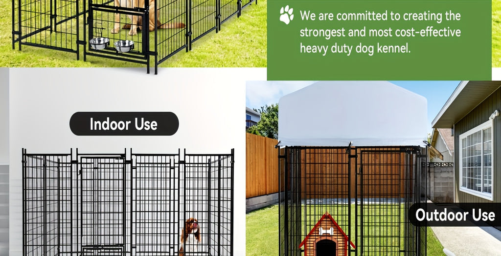 Heavy Duty Outdoor Dog Kennel for Large Dogs - Welded Steel Wire Playpen with Secure Lock, Waterproof Roof Cover & 2 Rotating Bowls, Easy to Assemble, Perfect for Small/Medium/Large Dogs