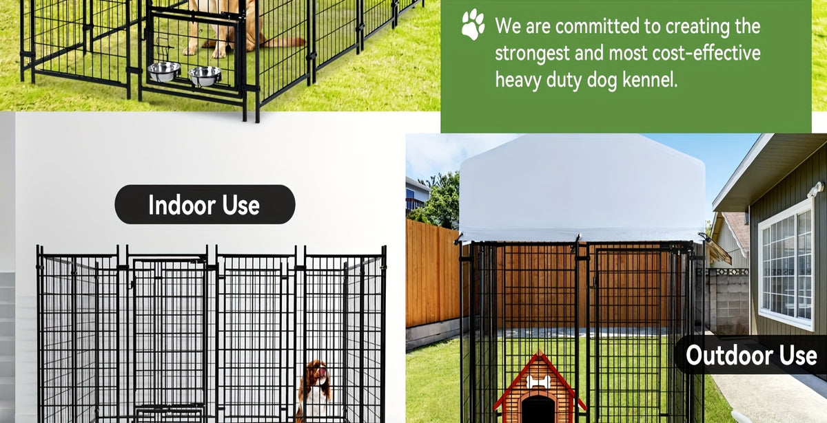 Heavy Duty Outdoor Dog Kennel for Large Dogs - Welded Steel Wire Playpen with Secure Lock, Waterproof Roof Cover & 2 Rotating Bowls, Easy to Assemble, Perfect for Small/Medium/Large Dogs