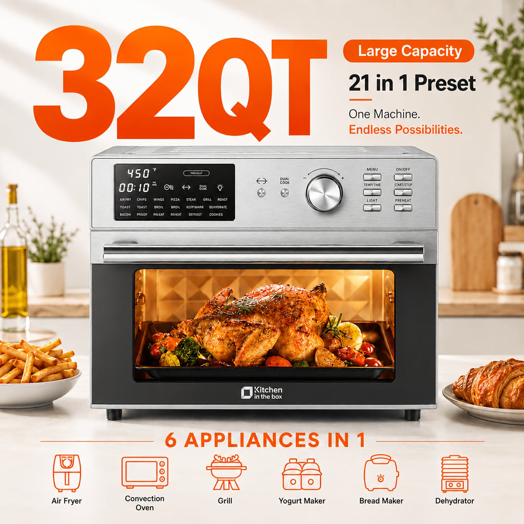 32QT Extra Large Air Fryer Oven Combo, 21-In-1 Tabletop Convection Oven with Rotisserie And Dehydrator, 6pcs Additions, 1800W Dual Cooking Presets (Silvery), Kitchen in The Box Brand