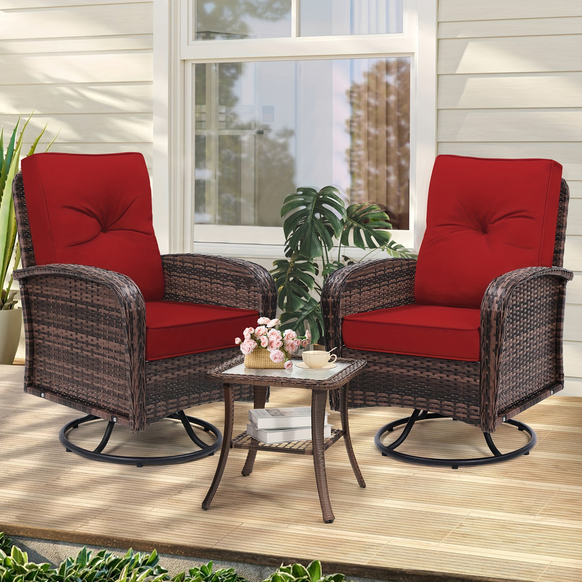 3pcs Patio Furniture Set, Outdoor Swivel Rocking Chairs with Glass Top Table and Thick Cushions for Porch, Deck, Balcony, Poolside, Patio Table And Chairs Set, Outdoor Dining Table And Chairs, Patio Chairs, Outdoor Furniture, Patio Set, Porch Seating, Dec