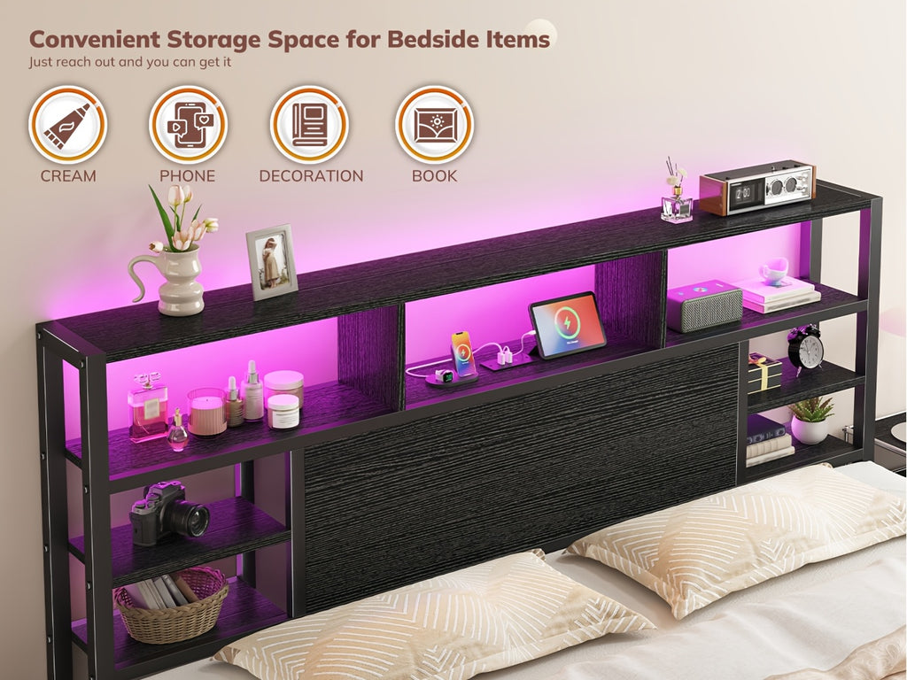 Full/Queen/King Size Bed Frame with Storage Headboard, LED Lights & Charging Station Heavy Duty Metal Platform Bed for Bedrooms, 1100 LBS Capacity, No Box Spring Needed, Easy Assembly, Black, Brown