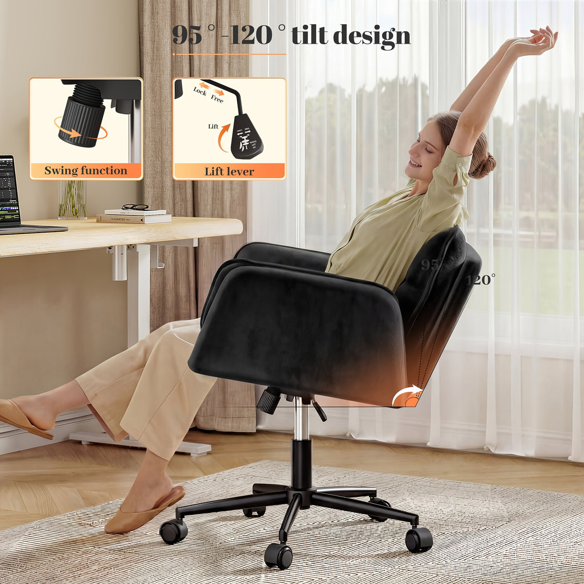 Modern Office Crossover Wheelchair, Luxurious Plush Vanity Chair with Wheels, Adjustable Armrests, Ergonomic Office Chair Suitable for Bedrooms, Computer Makeup Rooms, And Offices, Available in White, Black, Pink, And Gray, Stable And Durable