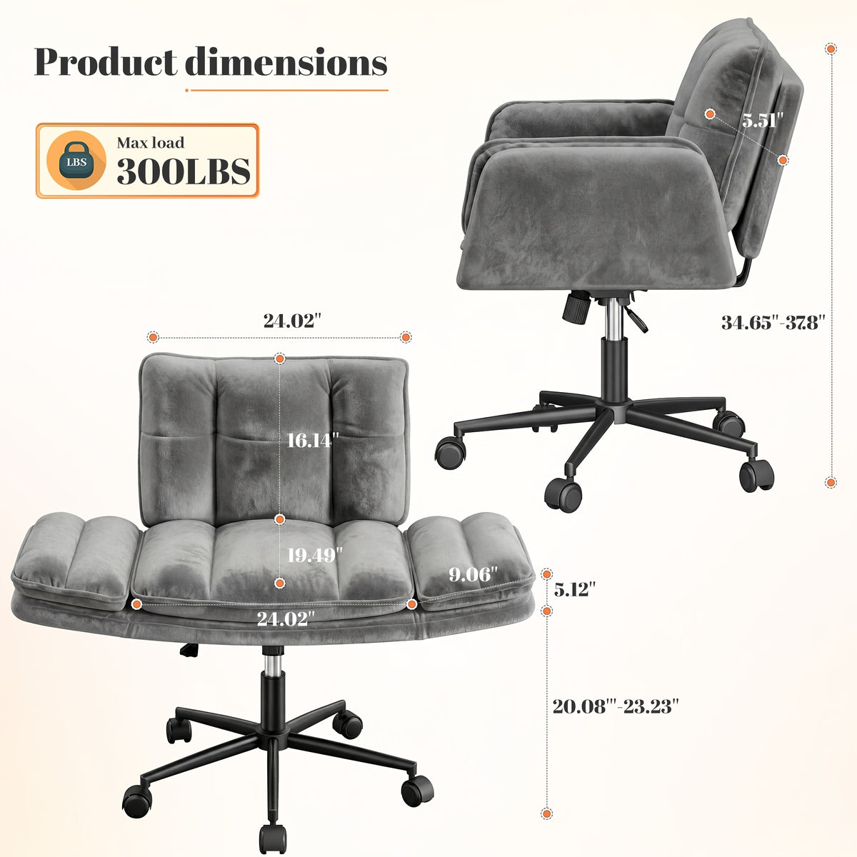 Modern Office Crossover Wheelchair, Luxurious Plush Vanity Chair with Wheels, Adjustable Armrests, Ergonomic Office Chair Suitable for Bedrooms, Computer Makeup Rooms, And Offices, Available in White, Black, Pink, And Gray, Stable And Durable