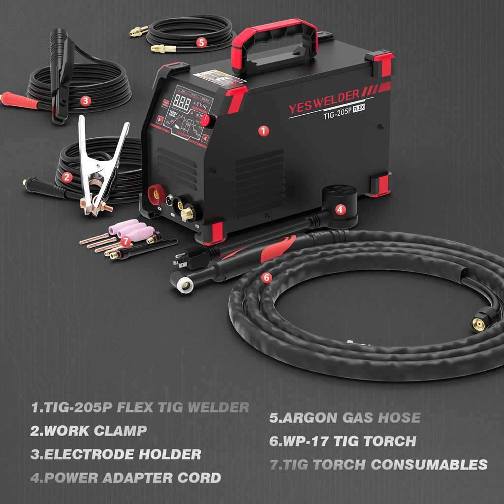205Amp TIG Welder with Pulse, Large LED Display, 3-in-1 Stick/DC TIG/Pulse TIG, 110/220V Welding Machine