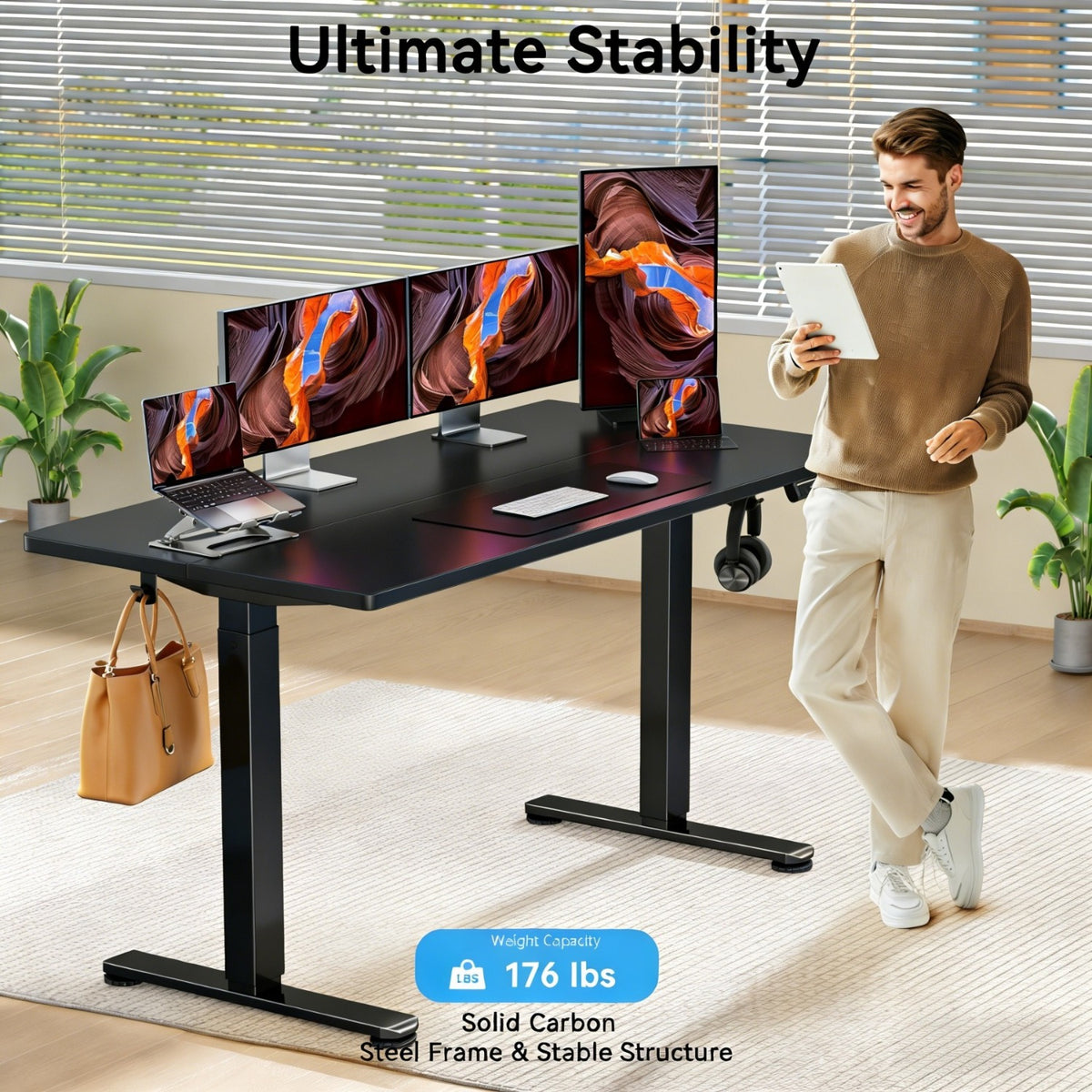 Height Adjustable Electric Standing Desk, 65 X 28 Inches Sit Stand up Desk, Memory Computer Home Office Desk, Black/Brown
