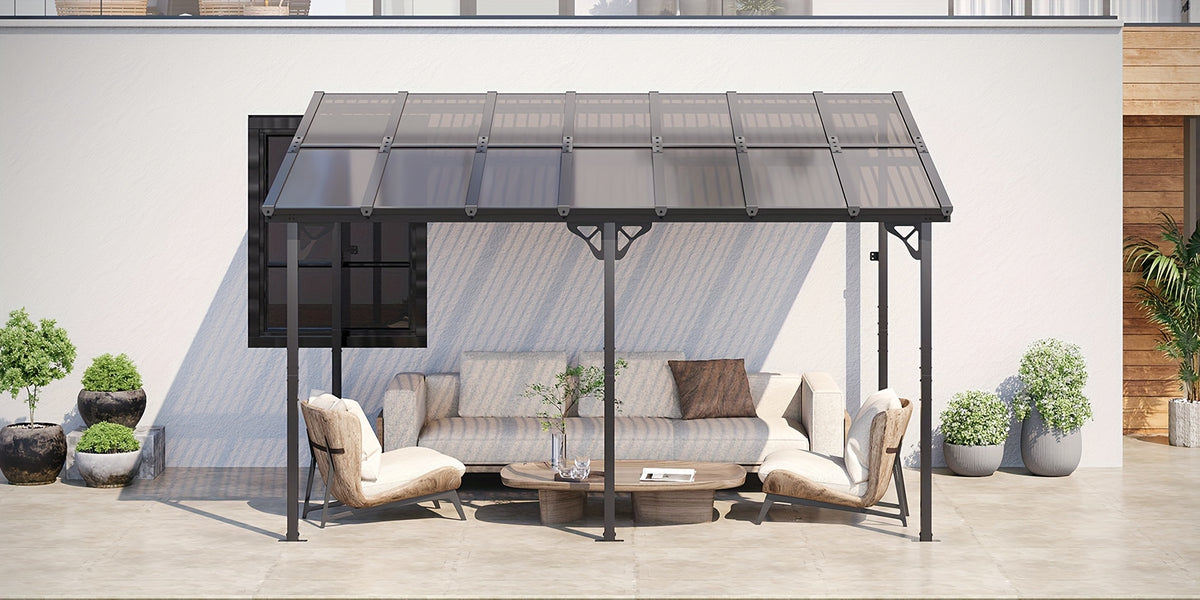 Wall-Mounted Hardtop Gazebo with Polycarbonate Roof — Lean-To Aluminum Patio Cover in Five Size Options