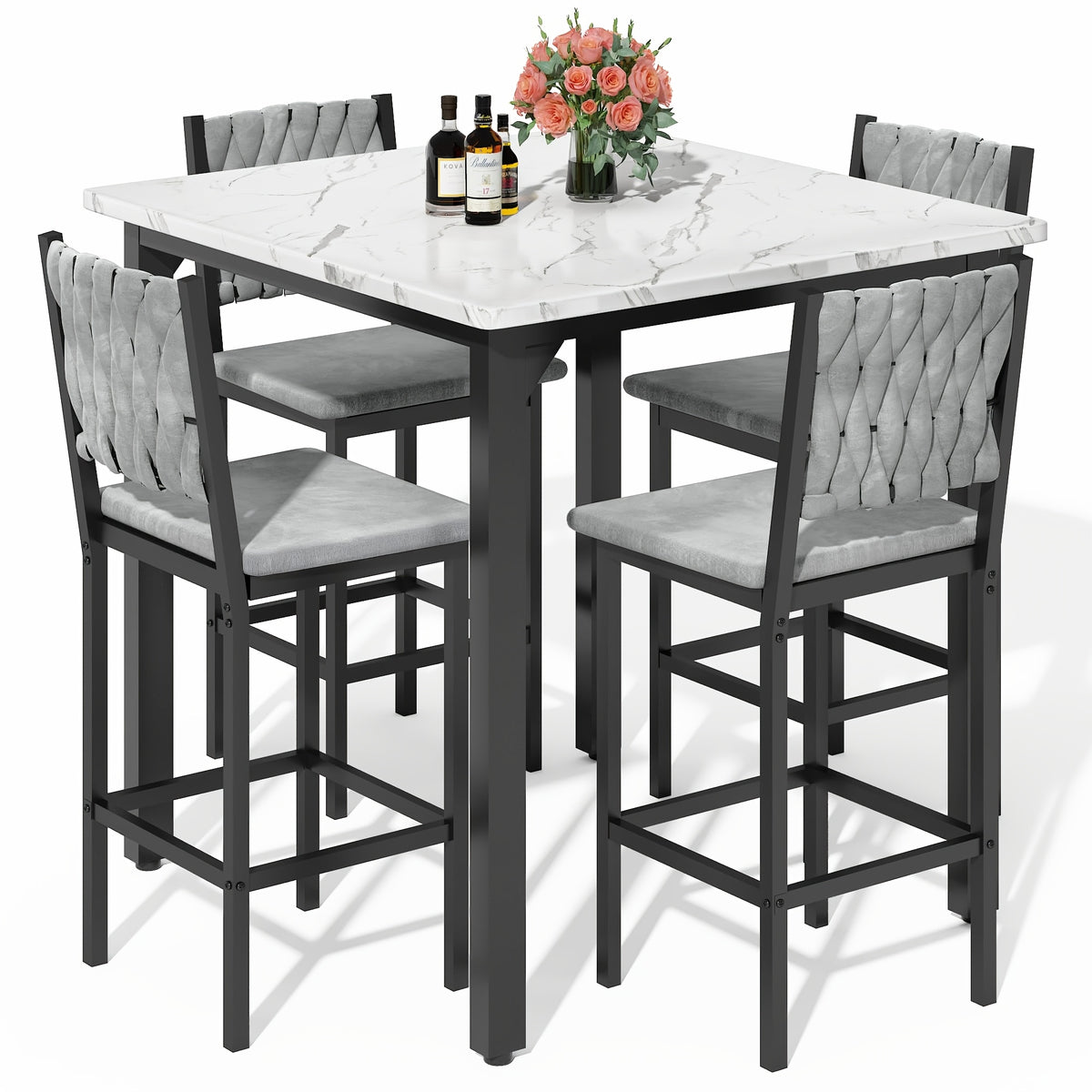 5pcs Dining Table and Chair Set, Modern Contemporary Kitchen Furniture with Upholstered Chairs, Rectangle Mixed Color Counter Height Table and 4 Bar Stools, Compact for Small Space, Imitation Marble Texture, Suitable for Living Room and Bar