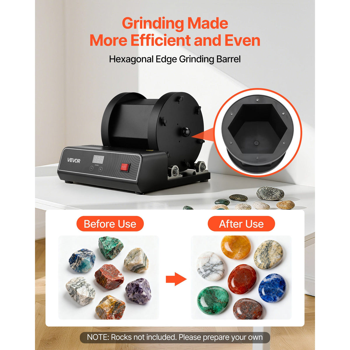 VEVOR Rock Tumbler Kit, 17 lbs Rock Polishing Kit, 2-Speed Stone Polishing Kit with 240-Hour Polishing Timer, Rock Polisher with Belt-Driven Brushless Motor, Rock Polisher for Adults