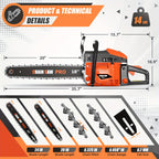62CC Professional Chainsaw with 20 Inch, 22 Inch, 18 Inch, And 24 Inch Options, Featuring a 2-Stroke Engine, Ergonomic Non-Slip Handle, And Dual Fuel Tanks, Ideal for Cutting Wood, Trimming Trees, And Clearing Land