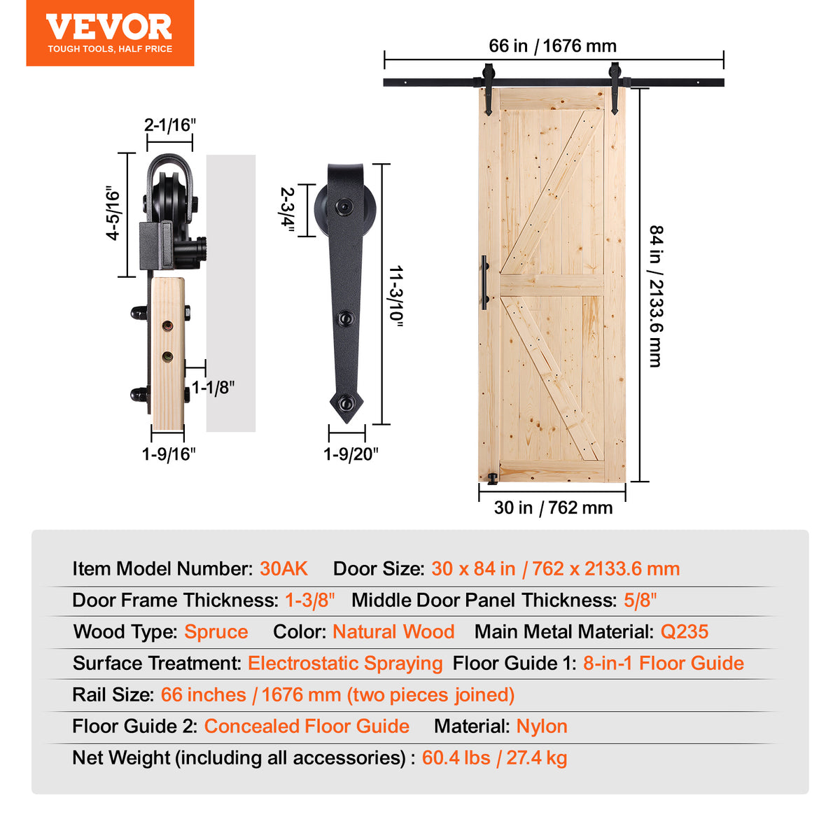 VEVOR Barn Door and Hardware Kit, 30/36" x 84" Wood Sliding Barn Door, Smoothly and Quietly, Barn Door Kit with 8-in-1 Floor Guide and Door Handle, Spruce Wood Panelled Slab, Easy to Install