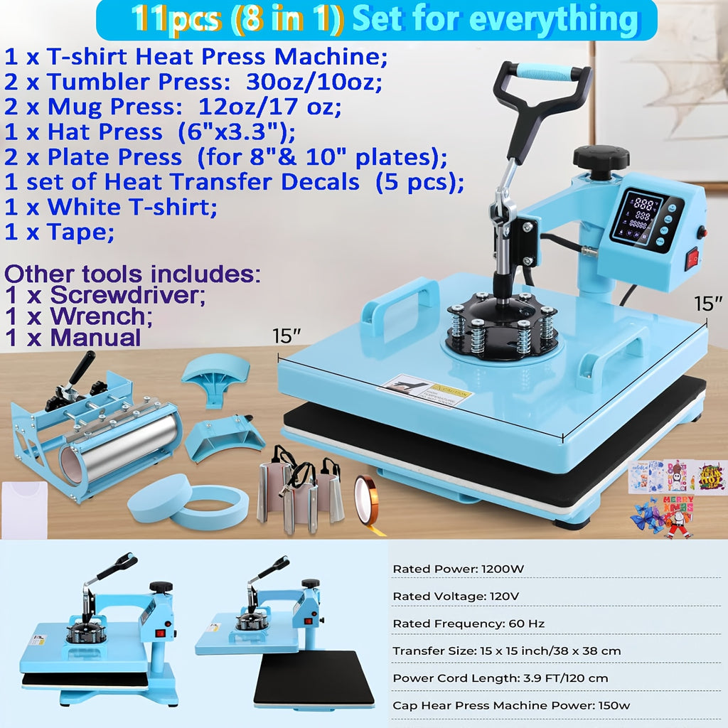 11pcs 8-in-1 - 15"x15"/12"x15" Heat Press Set for T-Shirts, Bags, Pillows, Hats, Beanies, Roller - 12"x10" T-Shirt Machine(Weight 25.35 Lbs) & 15"x15" Auto Single-Workbench & 15"x15" Auto Dual-Workbench Heat Press Only for Cloth, Shirts, Canvas Bags
