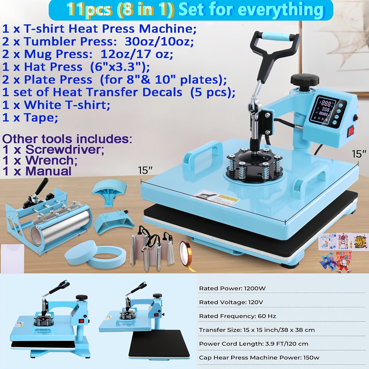 11pcs 8-in-1 - 15"x15"/12"x15" Heat Press Set for T-Shirts, Bags, Pillows, Hats, Beanies, Roller - 12"x10" T-Shirt Machine(Weight 25.35 Lbs) & 15"x15" Auto Single-Workbench & 15"x15" Auto Dual-Workbench Heat Press Only for Cloth, Shirts, Canvas Bags