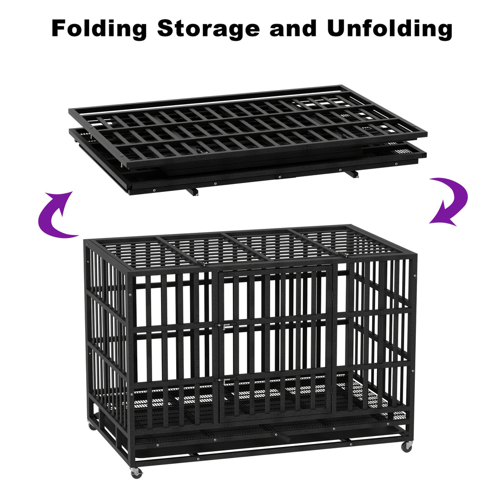48inch Extra Large XXL Heavy-Duty Dog Crate - Double Door, Escape-Proof, Wheels, Removable Tray - Easy Cleaning Design For Large Breeds