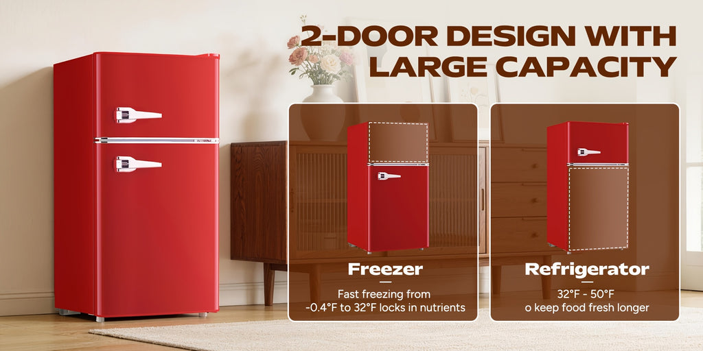 Retro Mini Fridge With Freezer 3.8 Cu. Ft, Small Refrigerator With 7 Level Adjustable Thermostat, Compact Classic Dual Door Fridge Removable Glass Shelves For Apartments, Dorm, Office