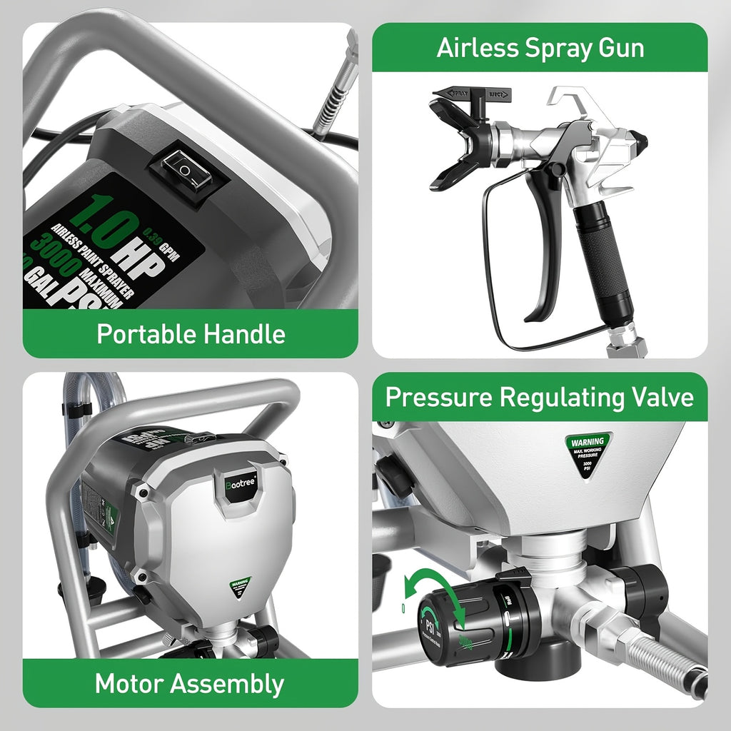 Airless Paint Sprayer with 3300PSI 1500W 0.39GPM, Highly Efficient Thinning-Free Minimal Overspray for Up to 10 Gallon DIY Painting Projects Home Interior & House Exterior