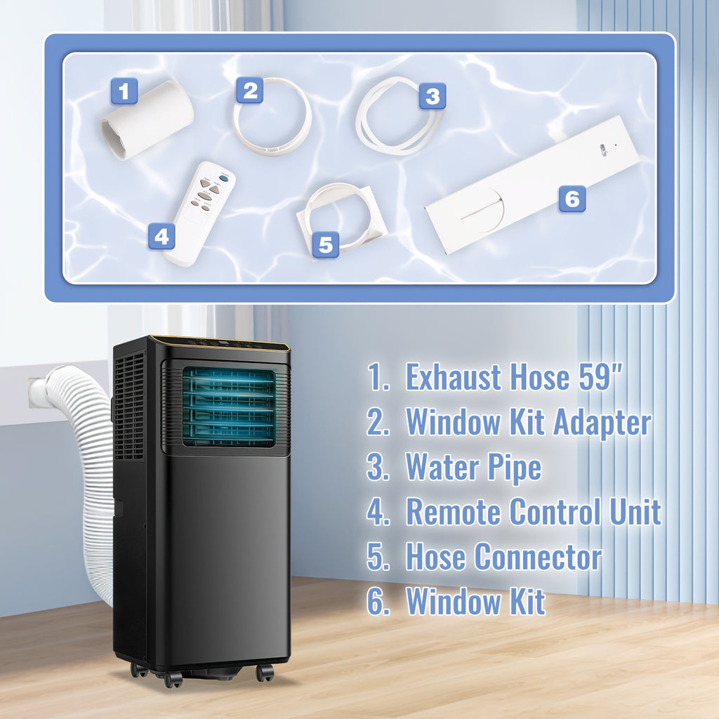 8000 BTU Portable Air Conditioner for Rooms Up to 250 Sq.Ft, 3-in-1 Mobile AC Unit with Dehumidifier, Cooling Fan, Sleep, Remote, 24H Timer, Window Installation Kit, Black & White