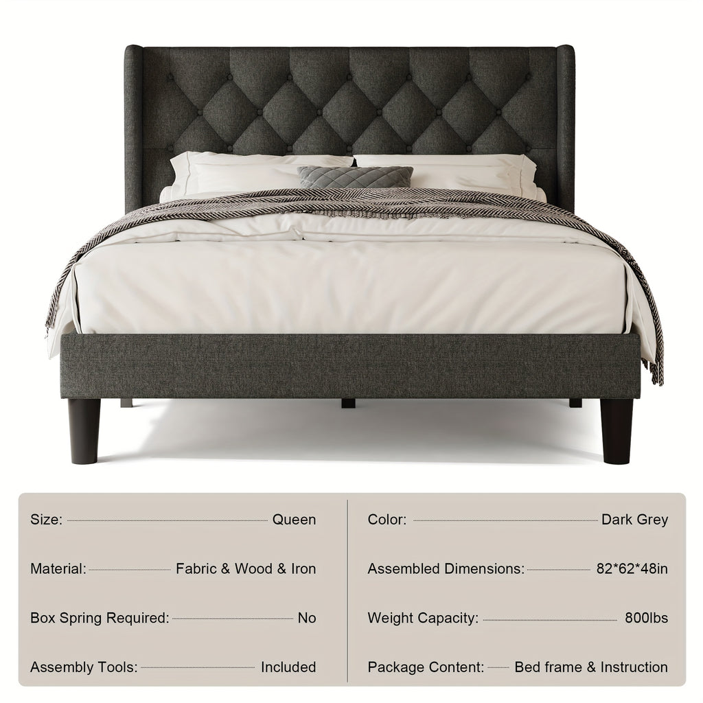 Valnase Modern Style Platform Bed Frame with 24"H Button Tufted Headboard, Solid Wood Slats Support, Artistic Legs Design - Dark Grey/Light Grey/Black Linen & White Velvet Options, Bed Frame for Home Bedroom