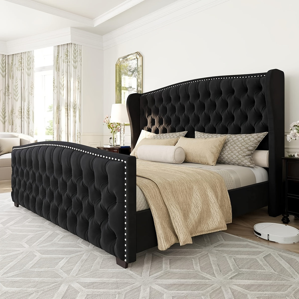 Platform Bed Frame, Velvet Upholstered Bed with Deep Button Tufted & Nailhead Trim Wingback Headboard/No Box Spring Required/