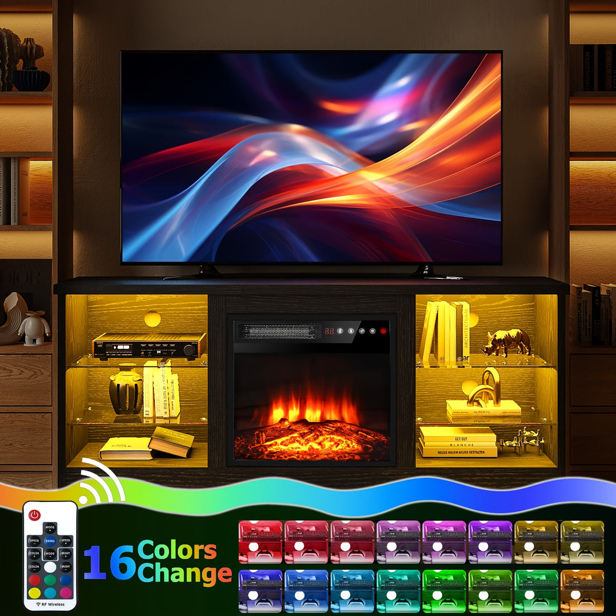 Modern TV Stand with Electric Fireplace - Black Media Console, Adjustable Glass Shelves & Storage Cabinets, Open Shelving, Sturdy Floor-Standing Entertainment Center for Living Room, Compatible with TVs, Gaming consoles, Streaming devices - Easy Assembly